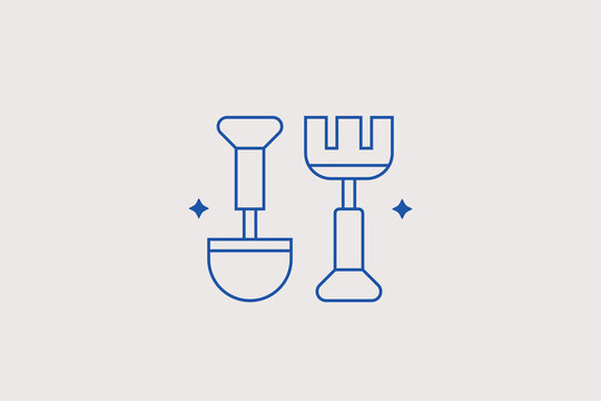 Kids sandbox plastic shovel and rake tools line icon for toy store, children playground, kindergarten blog. Playful vector illustration for family entertainment.