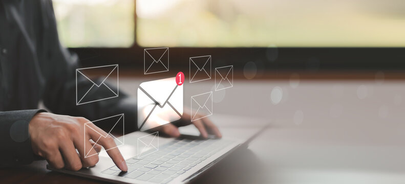 Email notification and business communication concept with incoming message alerts on laptop. Digital messaging technology supporting email marketing, customer engagement, online communication,