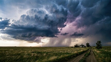 Obraz premium Dramatic Stormy Sky with Lightning Over Field