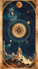 Obraz premium Vintage celestial map with decorative compass and planets