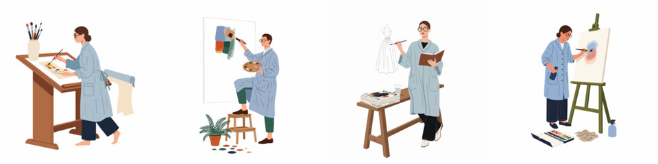 Collection of flat vector illustrations depicting diverse female artists in smocks working on various creative projects like painting, sketching, and fashion design.