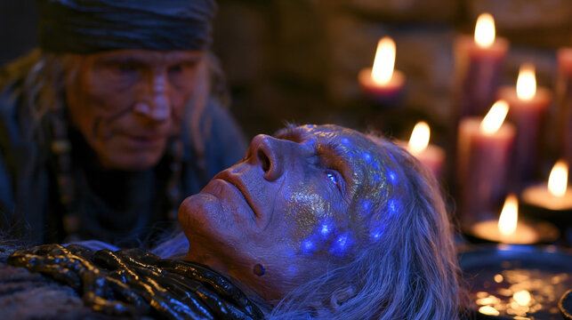 Elderly healer and glowing medicinal leeches in candlelit ancient healing ritual