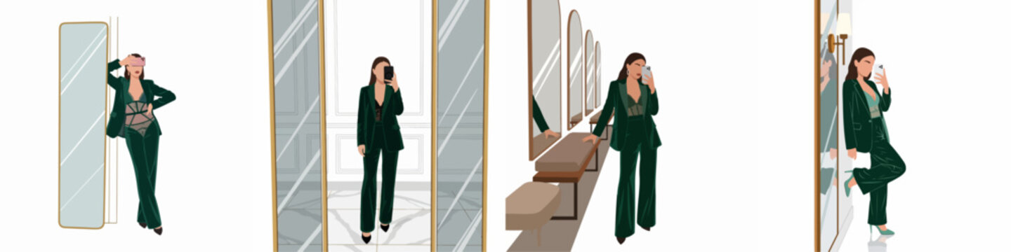 Four illustrations of a stylish woman taking mirror selfies in a chic dark green suit, showcasing elegant fashion and modern lifestyle.