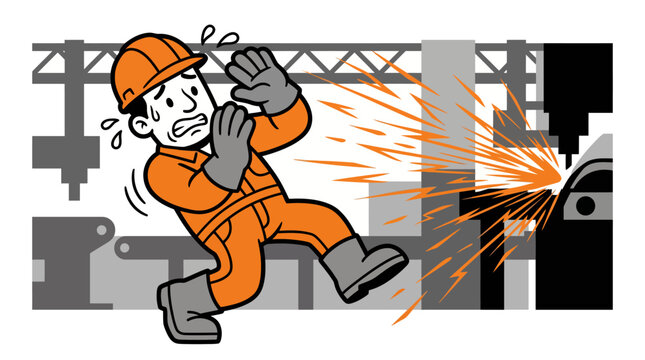 Industrial factory worker startled by flying machine sparks hazard illustration