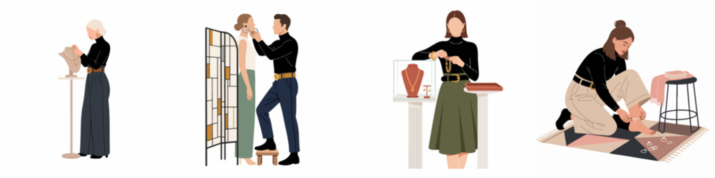 People shopping for and trying on luxury jewelry items like necklaces, earrings, bracelets, and anklets in a boutique setting, flat vector illustration.