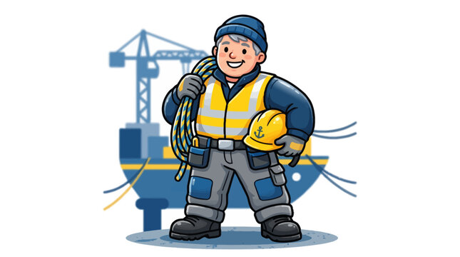 Friendly Cartoon Construction Worker or Dock Laborer with Safety Gear and Rope