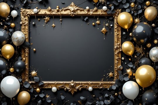 Happy Birthday Frame Black Gold Balloon Luxury Celebration Border