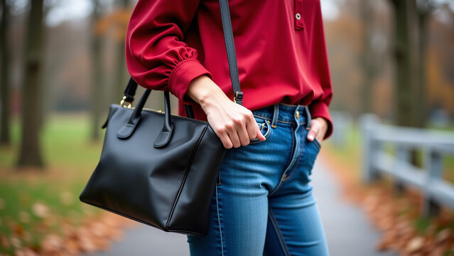 Holding a black leather iteration bag Outdoors selective focus ar Blogging and street style concept