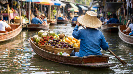 Obraz premium Thai vendor in a straw hat rowing a wooden boat full of fresh tropical fruits at a floating market