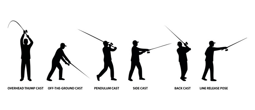 Fishing casting technique silhouettes set showing overhead thump, pendulum, side, back cast, and line release poses for angling instruction, isolated on white background vector illustration.