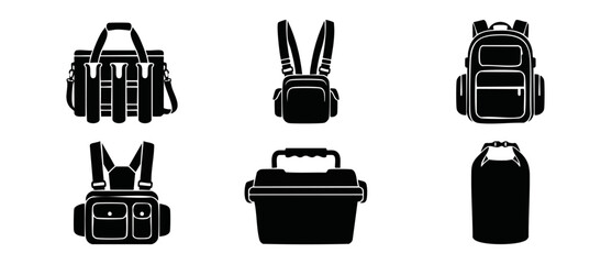 Fishing bag backpack icons set showing tactical chest rig tackle box dry bag silhouette vectors for outdoor adventure camping travel utility gear equipment storage flat design isolated on white themes © Dinali