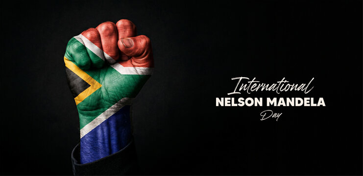 Nelson Mandela international day 18 July hand with south Africa flag color background
