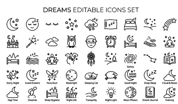 Dreams editable icons set with moon stars sleep fantasy and bedtime outline symbols