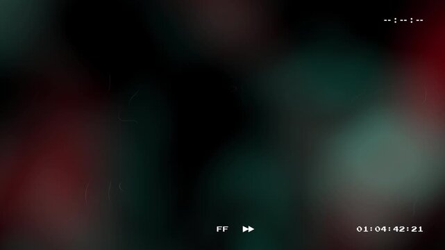 Abstract VHS glitch background with red and black blurry colors featuring analog noise distortion vintage film scratches and a digital timecode for a retro aesthetic look