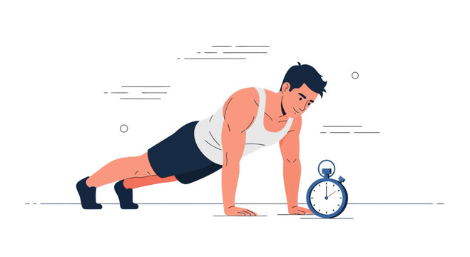 Man doing push-ups with stopwatch, illustration of fitness, exercise, and time tracking.