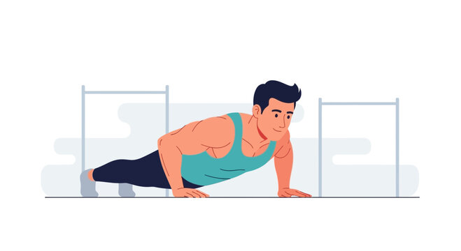 Man doing push-ups as part of a fitness routine in a modern gym, illustration of strength and health.