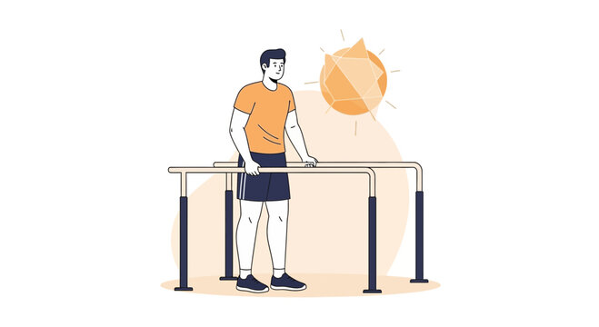 Man Exercising on Parallel Bars Outdoors Under Geometric Sun, Vector Illustration
