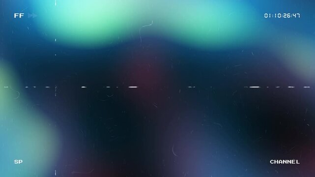 Abstract VHS retro background with colorful light leaks and analog glitch effects featuring timecode and fast forward symbols for nostalgic cinematic video editing