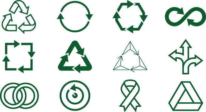Green Recycling Arrow Icon Set Featuring Sustainable Circular Ecology Symbols for Waste Management Packaging Environmentally Friendly Labels and Eco Conscious Branding Designs