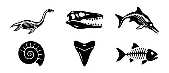 Dinosaur fossil marine skeleton silhouette set featuring prehistoric aquatic reptiles, shark tooth, ammonite shell, and fish bone icons for science, history, and education graphic designs. © Dinali