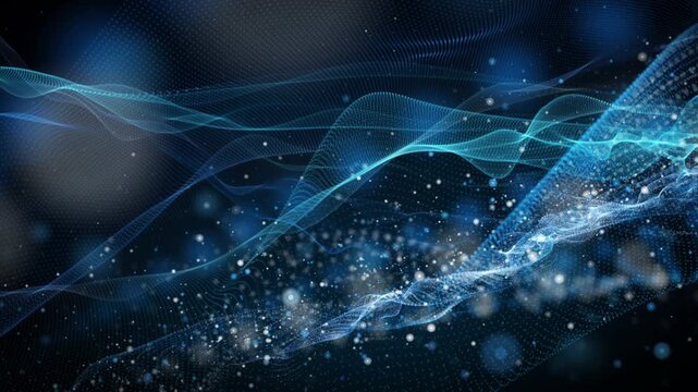 Futuristic video animation with wave object and glitter particles in slow motion, 4096x2304 loop 4K