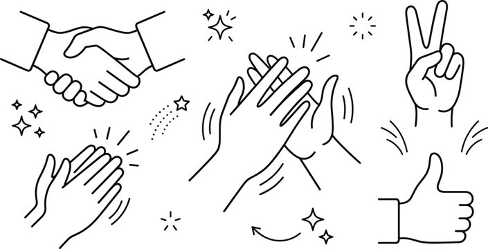 Hand gestures line icons set with handshake clapping hands high five thumbs up victory sign linear outline vector