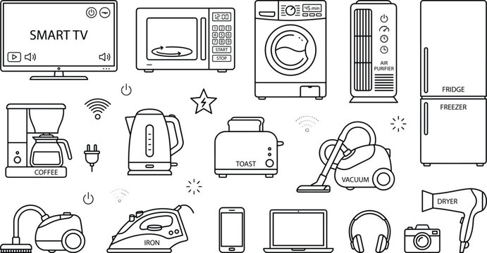 Home appliances line icons set with smart tv microwave fridge washing machine vacuum kitchen electronics linear outline vector
