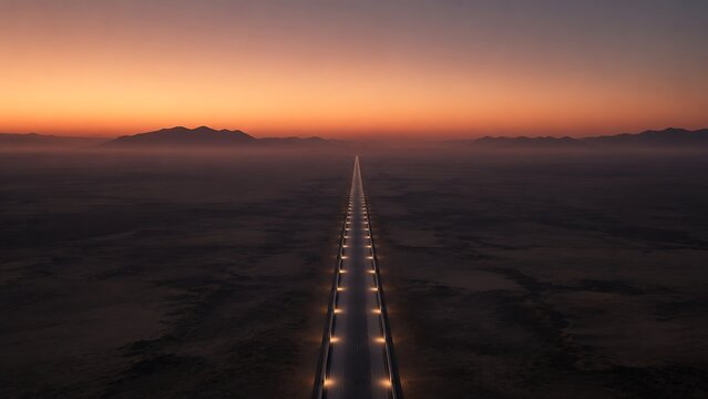 A long, straight road stretches into the distance under a vibrant orange and yellow sunset, with lights illuminating the path through a misty, dark landscape.