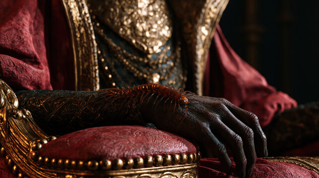 Baroque noble hand on a gilded crimson throne with decadent luxury and chiaroscuro shadow