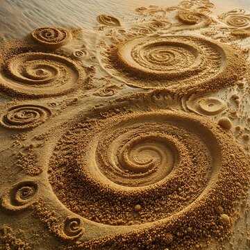 Detailed macro view of perfect spiral pattern etched into fine golden sand texture