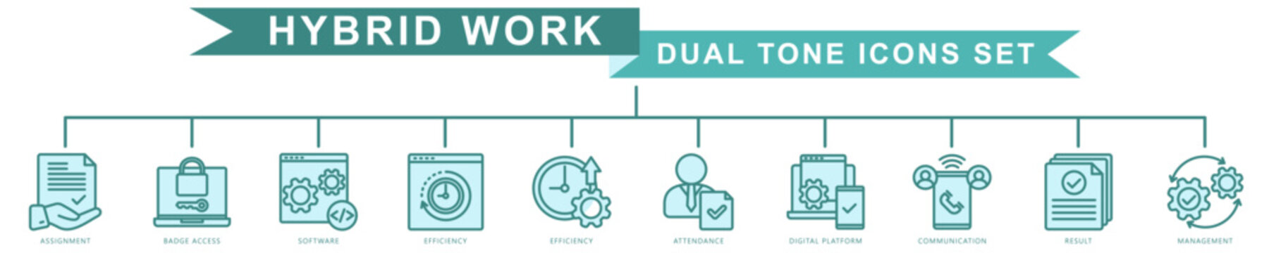 Hybrid Work Dual Tone Icon Set. Contain assignment, badge access, software, efficiency, communication, attendance and more. Vector for modern concept, print, UI, UX kit, web and app development.