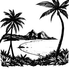 Tropical coastline silhouette with palm trees, mountain landscape, and serene beach scene in a natural setting, ideal for travel and tourism illustrations. © Sarfaraz