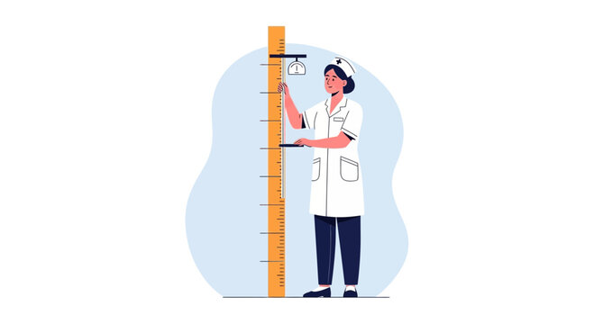 Nurse measuring patient's height using stadiometer and scale - medical illustration