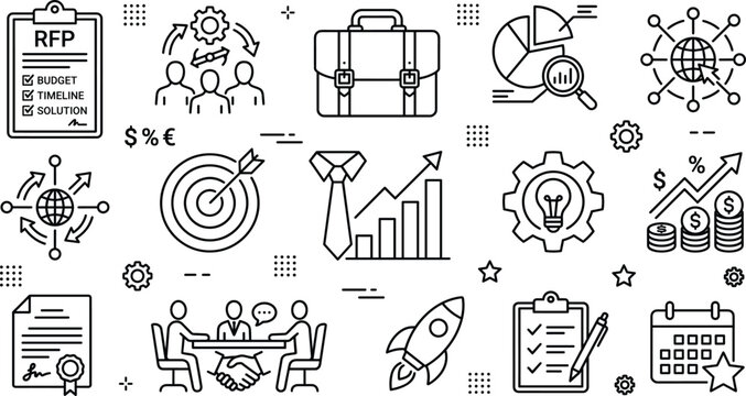 Business project management and RFP request for proposal line icons set with corporate strategy linear outline vector elements