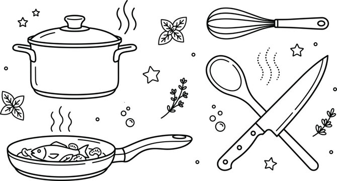 Cooking and kitchen utensils line icons set with pot frying pan fish knife spoon whisk linear outline vector