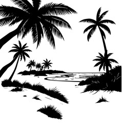 Tropical beach landscape with palm tree silhouettes against a serene ocean backdrop, featuring sandy shore and lush vegetation in a peaceful, idyllic setting. © Sarfaraz