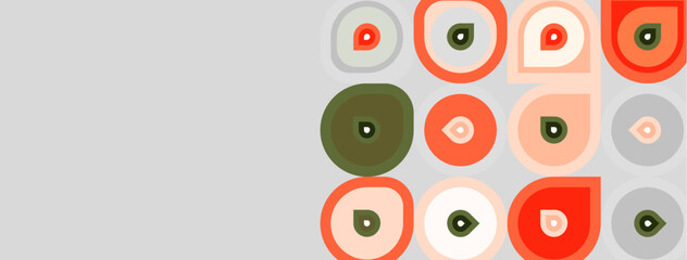 Fototapeta premium Geometric shapes, circles, squares, muted colors. Pattern repeats across light gray background. Minimalist design, modern aesthetic.