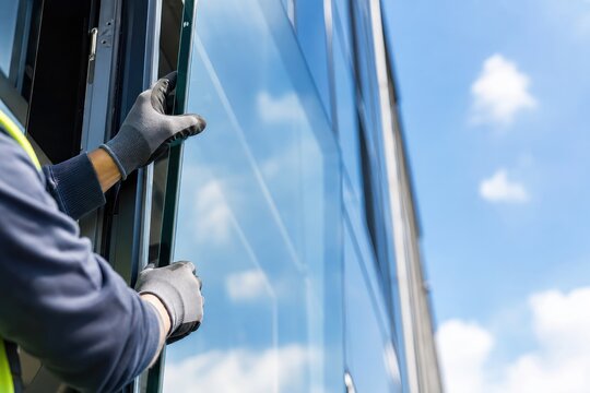 Construction worker wearing protective gloves installing glass panel on modern commercial building facade with reflective blue sky and clouds, low angle view of professional glazing work