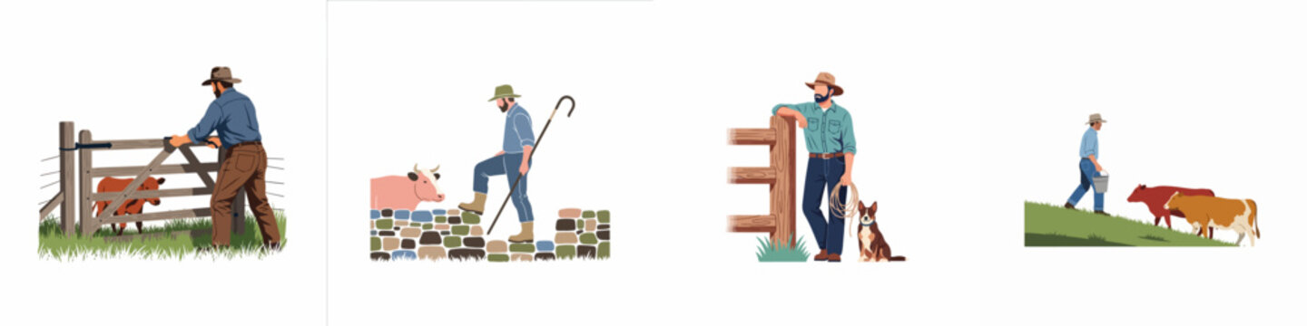 Collection of flat vector illustrations depicting a male farmer performing various agricultural chores with cattle and a sheepdog on a white background.
