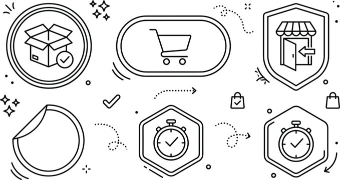E-commerce shopping line icons set with delivery box cart stopwatch shield storefront linear outline web graphics vector illustration