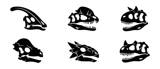 Dinosaur skull silhouette vector set featuring prehistoric fossil heads of carnivore and herbivore reptiles like Dilophosaurus and Parasaurolophus on a white background for educational design. © Dinali