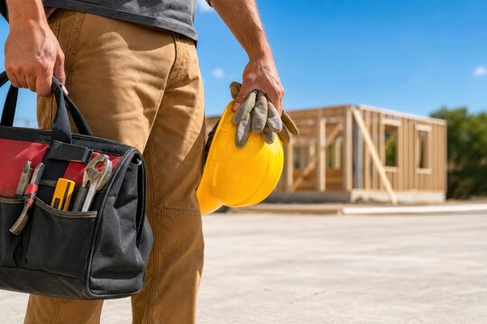 Construction worker holding yellow hard hat and tool bag standing at residential building site with wooden house frame under bright blue sky, professional contractor concept