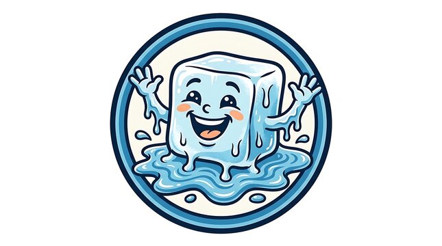 Happy frozen ice cube cartoon mascot with smiling face retro icon