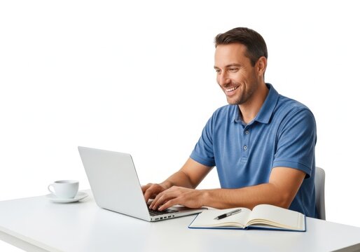 Man using laptop at desk with model train set