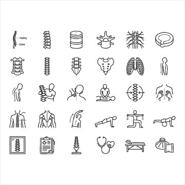 Set of medical chiropractic and orthopedics spine icons, skeletal system and physical therapy vector line illustration, spine care