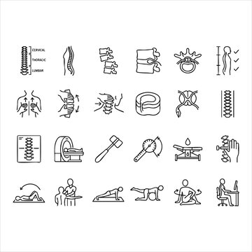 Orthopedic and spine rehabilitation line art vector icon set for chiropractic and medical care with orthopedic, chiropractic