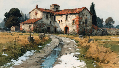 Fototapeta premium Rustic Abandoned Farmhouse Watercolor in Quiet Countryside