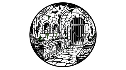 Naklejka premium Spooky Dungeon with Coffins and Prison Cell Illustration.