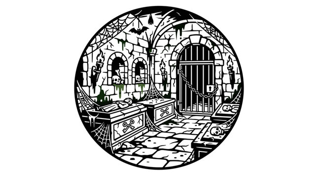 Spooky Dungeon with Coffins and Prison Cell Illustration.