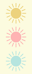 Fototapeta premium Pastel colored sun icons in a vertical arrangement on a light cream background